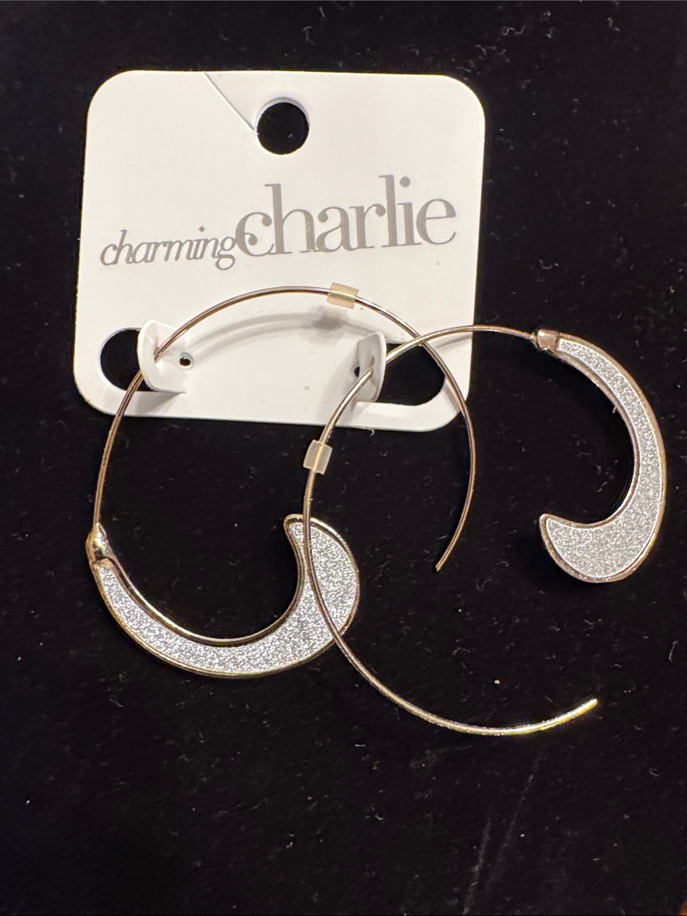 Charming Charlie Gold Crescent Hoop Earrings with White Glitter Inlay